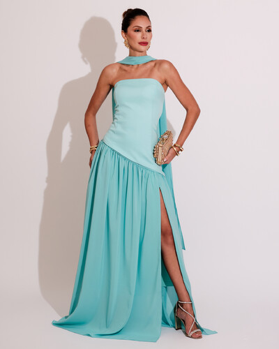 Foto Vestido de Festa Longo Tomara que Caia Alfaiataria e Saia Crepe Chiffon e Lenço Tiffany