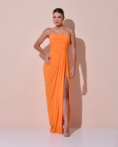 Foto Vestido De Festa Longo Tomara que Caia Tule Drapeado Fenda Laranja New