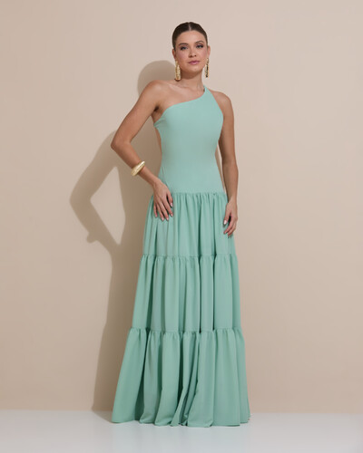 Foto Vestido de Festa Longo Um ombro Só Crepe Chiffon Saia Fluida Verde Menta
