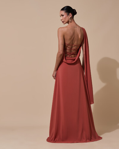 Foto Vestido de Festa Longo Tomara que Caia Crepe Chiffon Lenço Drapeado Costas Trançada Terracota