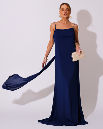 FotoVestido de Festa Longo Crepe Chiffon Costas Lenço Cauda Azul Marinho