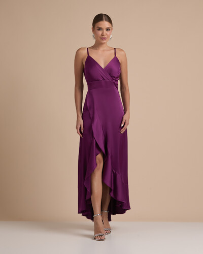 Foto Vestido Midi Babado Acetinado Roxo