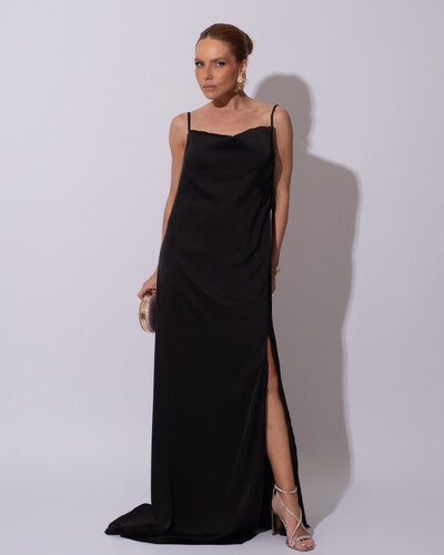 Foto Vestido de Festa Longo Babado Costas Cetim Fluido e Fenda Preto