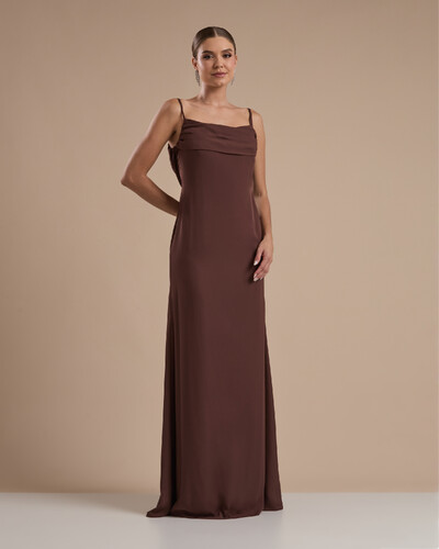 Foto Vestido de Festa Longo Crepe Chiffon Costas Lenço Cauda Marrom