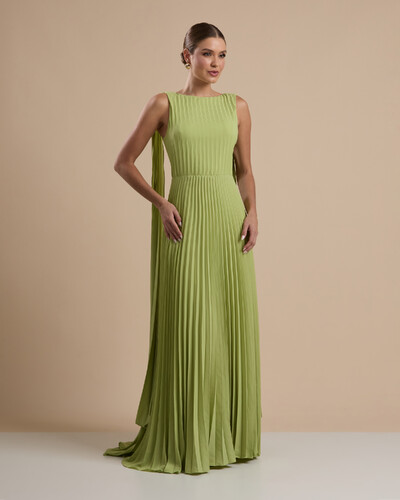 Foto Vestido de Festa Longo Crepe Chiffon Plissado com Lenço nas Alças Verde Garden