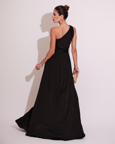 FotoVestido Longo um Ombro com Busto Blousê e Fenda Preto