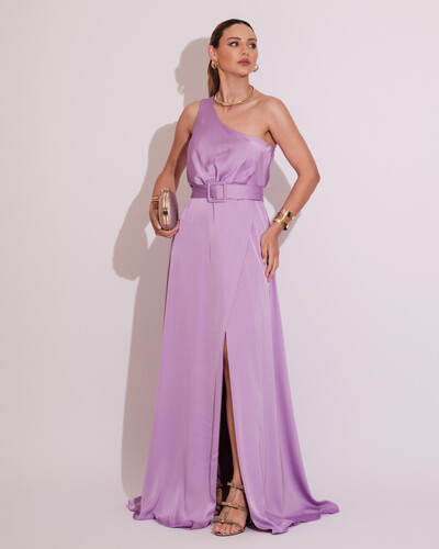 Foto Vestido Longo um Ombro com Busto Blousê e Fenda Lilás