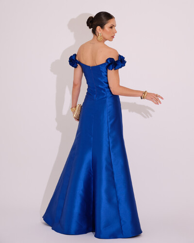 FotoVestido Longo de Festa Zibeline Ombro a Ombro com Flores e Fenda Azul Royal