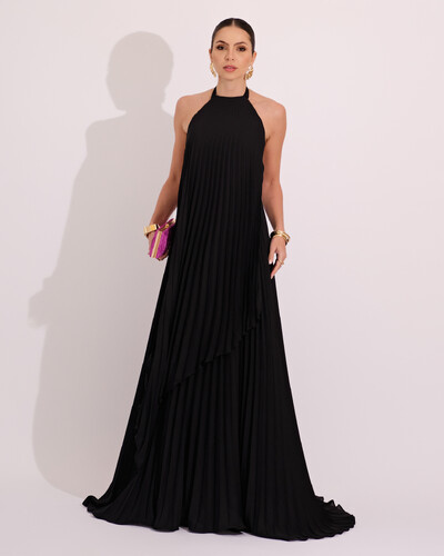 Foto Vestidos de Festa Longo Chiffon Fluido Frente Única Plissado Duplo Preto