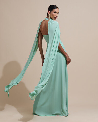 Foto Vestido de Festa Longo Tomara Que Caia Crepe Chiffon Drapeado Capa Verde Menta
