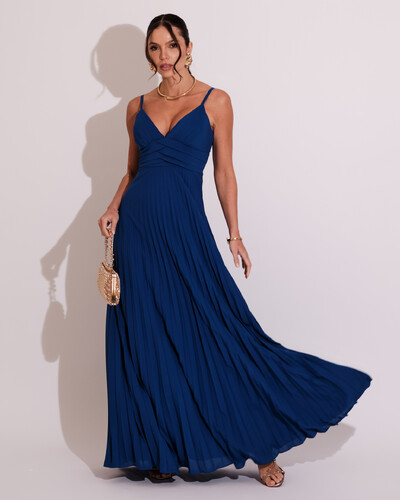 Foto Vestido de Festa Longo Plissado Crepe Chiffon com Alça Azul