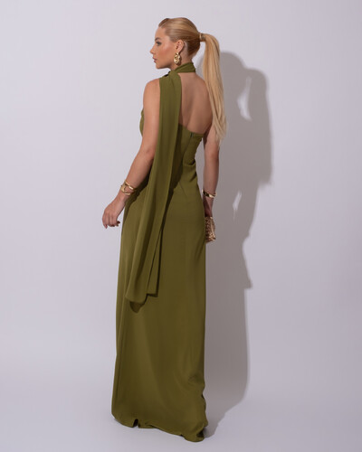 FotoVestido de Festa Longo Crepe Chiffon Um Ombro Só Drapeado Lenço Fixo Verde Oliva