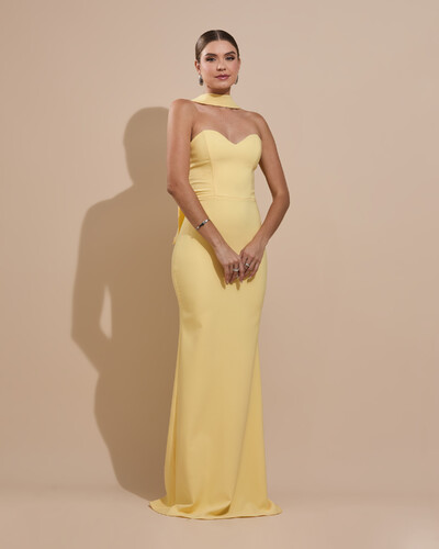 Foto Vestido de Festa Longo Alfaiataria Tomara que Caia Saia Sereia com Lenço Amarelo Manteiga