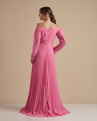 FotoVestido de Festa Longo Crepe Chiffon Plissado Ombro a Ombro Rosa