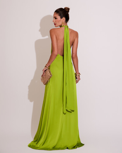 FotoVestido de Festa Gola Alta com Decote nas Costas Acetinado Verde Lima Escuro