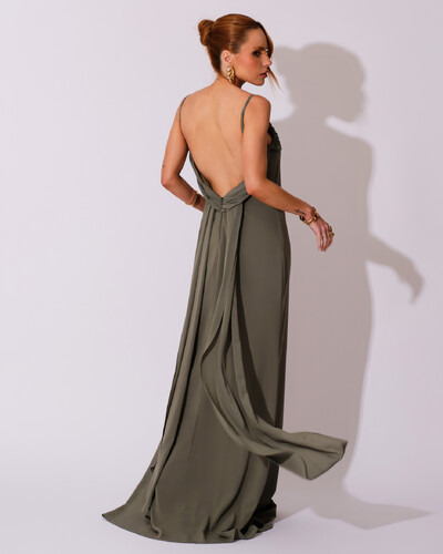 Foto Vestido de Festa Longo Crepe Chiffon Costas Lenço Cauda Verde Oliva