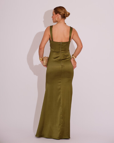 FotoVestido Longo de Festa Cetim Alfaiataria Drapeado Sereia Verde Oliva