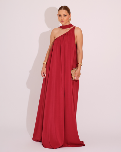Foto Vestido de Festa Longo Crepe Fluido um Ombro Só com Lenço Marsala