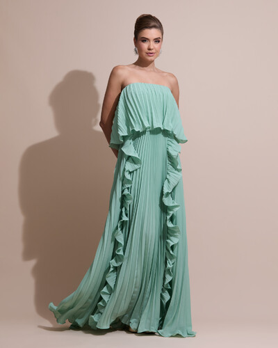 Foto Vestido de Festa Longo Crepe Chiffon Tomara que Caia Plissado com Babado Cascata Verde Menta
