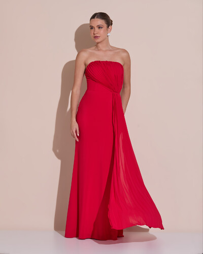 Foto Vestido de Festa Longo Tomara Que Caia Crepe Chiffon Plissado Lenço Vermelho