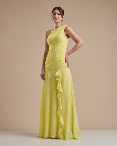 Foto Vestido de Festa Longo Crepe Chiffon Um Ombro Só Drapeado com Babado Cascata Amarelo Manteiga