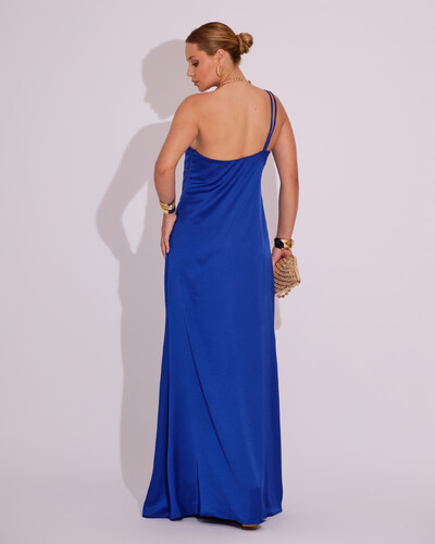 FotoVestido de Festa Longo em Cetim Fluido um Ombro Só Azul Royal