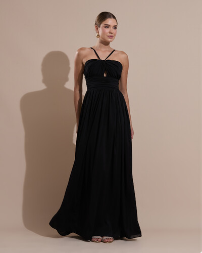 Foto Vestido de Festa Longo Crepe Chiffon Drapeado com Alças Finas Preto