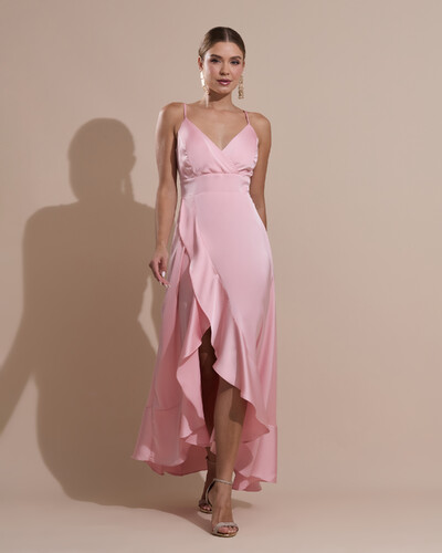 Foto Vestido Midi Babado Acetinado Rose