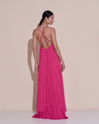 Foto Vestido de Festa Longo Plissado Crepe Chiffon Decote V Alças Finas Pink Escuro