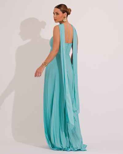 FotoVestido de Festa Longo Tomara que Caia Plissado com Lenço Verde Tiffany