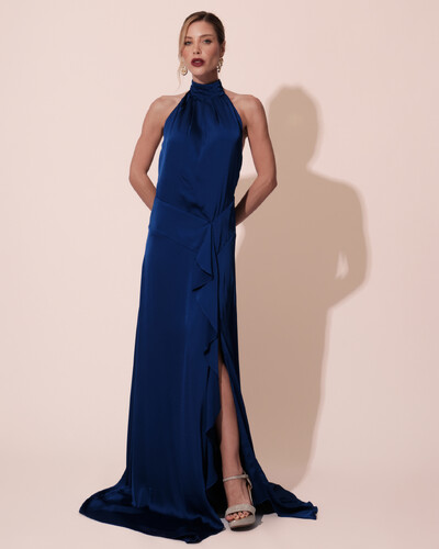 Foto Vestido Longo de Festa Cetim Fluido Gola Alta e Babado Cascata Azul Royal New