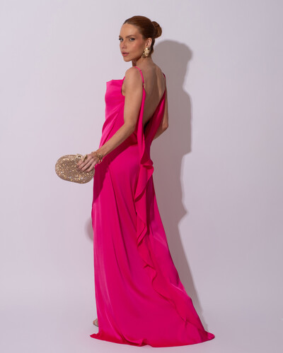 FotoVestido de Festa Longo Babado Costas Cetim Fluido e Fenda Pink