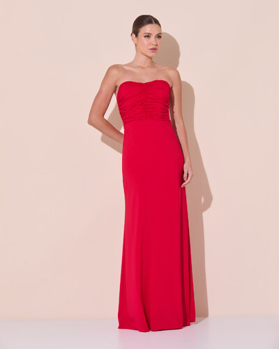 Foto Vestido de Festa Longo Ombro a Ombro Plissado Crepe Chiffon Capa Flor 3D Vermelho