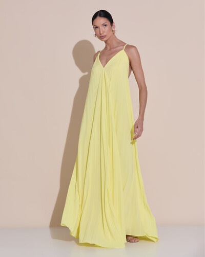 Foto Vestido de Festa Longo Plissado Crepe Chiffon Decote V Alças Finas Amarelo Manteiga