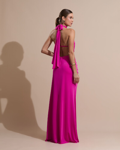 Foto Vestido de Festa Longo Malha Jersey Gola Alta Saia Sereia Pink