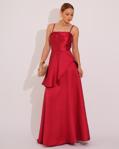 Foto Vestido de Festa Zibeline Tomara que Caia com Recortes e Camadas Marsala