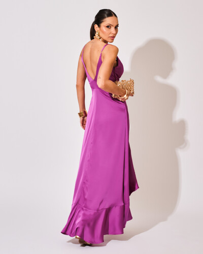 FotoVestido Midi Babado Acetinado Fúcsia
