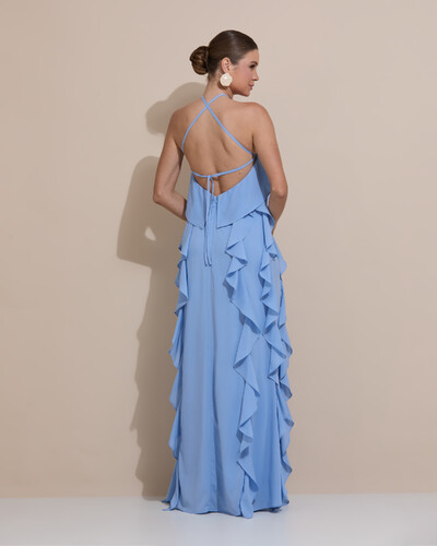 Foto Vestido de Festa Longo Crepe Chiffon Frente Única Babados Cascata e Flor Azul Atlantis