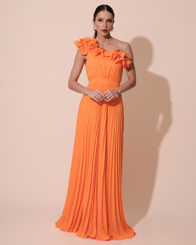 Foto Vestido de Festa um Ombro Só Flor Saia Plissado Laranja