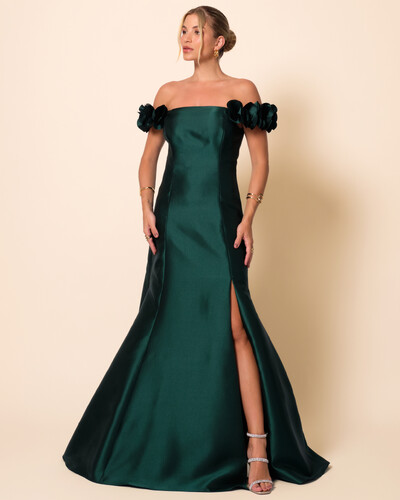 Foto Vestido Longo de Festa Zibeline Ombro a Ombro com Flores e Fenda Verde Escuro