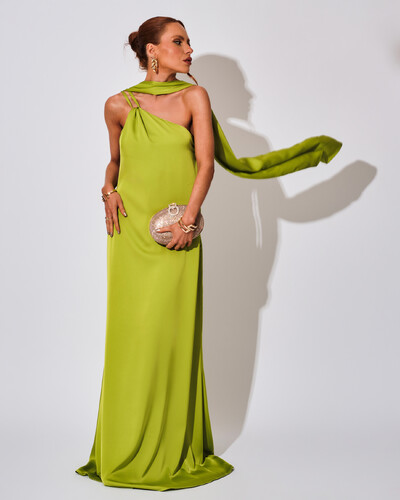 Foto Vestido de Festa Longo em Cetim Fluido um Ombro Só Verde Lima