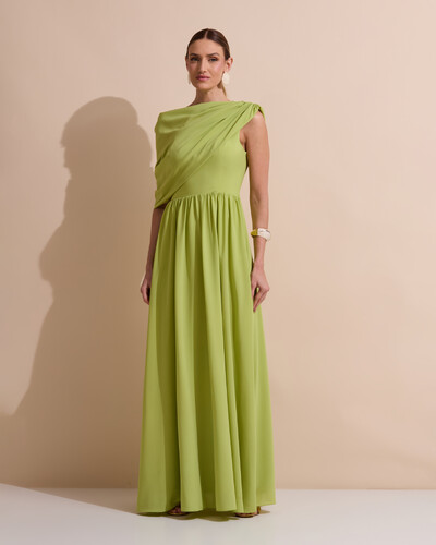 Foto Vestido de Festa Longo Um Ombro Só Crepe Chiffon Capa Drapeado Verde Garden