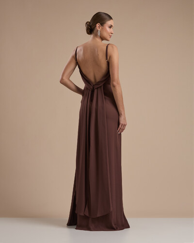 FotoVestido de Festa Longo Crepe Chiffon Costas Lenço Cauda Marrom