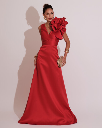 Foto Vestido de Festa longo Zibeline Flor Vermelho