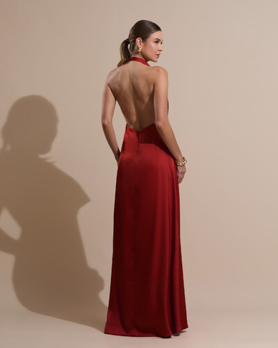 Foto Vestido de Festa Longo Frente Única Degagê Cetim Fluido Terracota