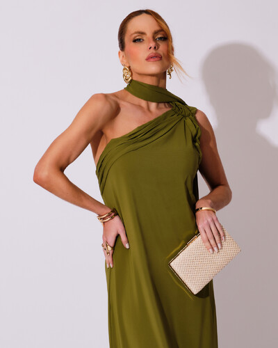 FotoVestido de Festa Longo Crepe Chiffon Um Ombro Só Drapeado Verde Oliva