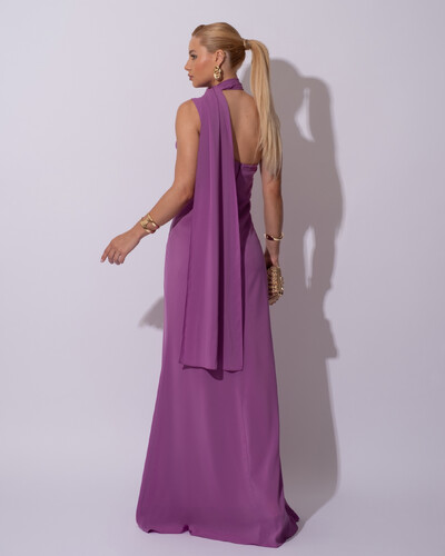 FotoVestido de Festa Longo Crepe Chiffon Um Ombro Só Drapeado Lenço Fixo Fúcsia