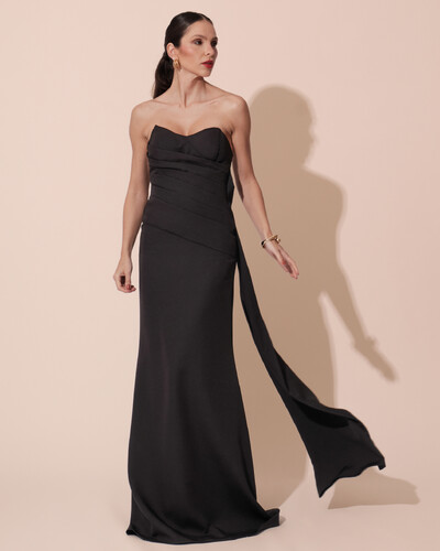 Foto Vestido de Festa Longo Alfaiataria Tomara que Caia Drapeado Faixa Preto