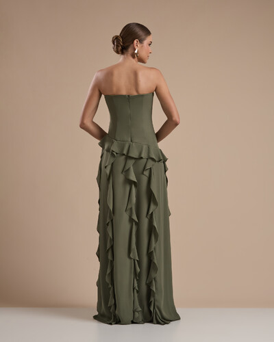 Foto Vestido de festa Longo Tomara que Caia Crepe Chiffon com Bababos Cascata e Fenda Verde Oliva