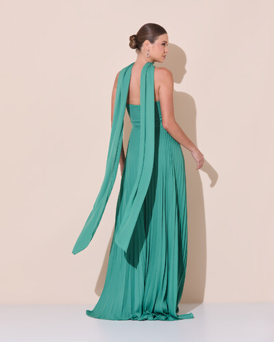 Foto Vestido de Festa Longo Tomara que Caia Plissado com Lenço Verde Matcha Escuro